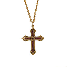 Load image into Gallery viewer, Agape - Ashkhen Cross Necklace in 24 K Gold Plate and Bohemian Large Crystal Baguettes in Amethyst Color.
