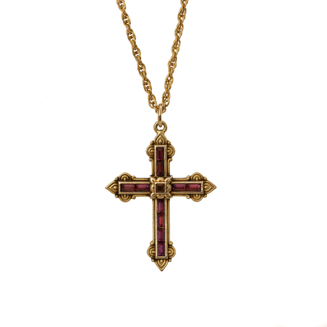 Agape - Ashkhen Cross Necklace in 24 K Gold Plate and Bohemian Large Crystal Baguettes in Amethyst Color.