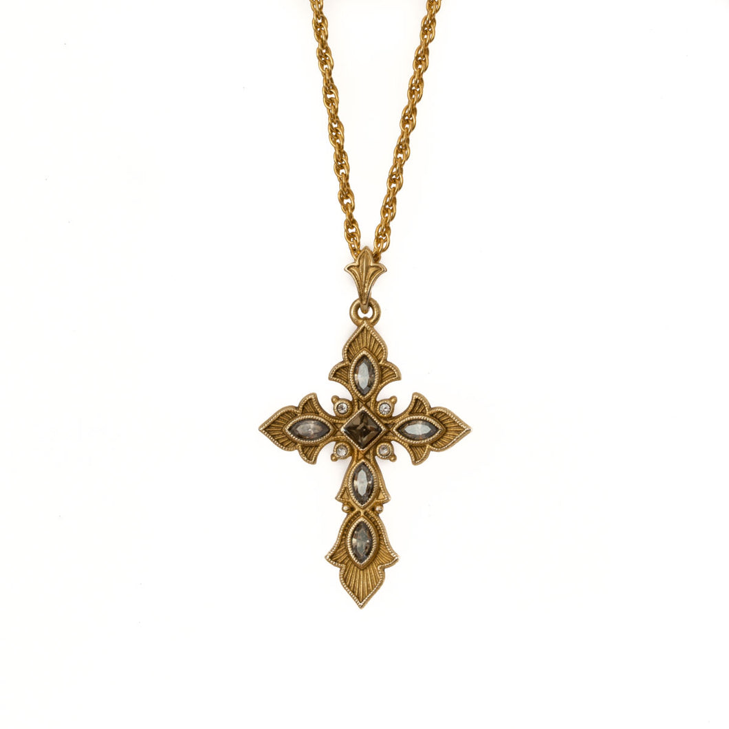 Agape - Queen Parandzem Medium Cross Necklace in Gold Plate  Adorned With Bohemian Crystals in  Greige Palette.