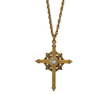Load image into Gallery viewer, Agape - Queen Tamar Mlke Long Cross Necklace in Gold Plate and Enamel Accented with Bohemian Crystals.
