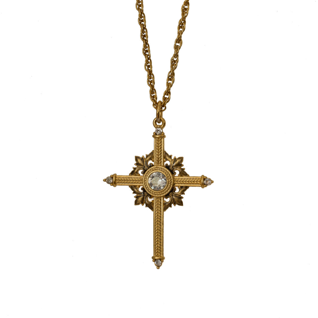 Agape - Queen Tamar Mlke Long Cross Necklace in Gold Plate and Enamel Accented with Bohemian Crystals.