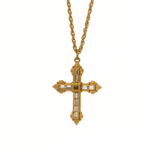 Agape - Queen Ashkhen Cross Necklace in 24k Gold Plate and Bohemian Crystals.