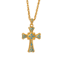 Load image into Gallery viewer, Agape - Cilicia Large Cross Necklace in Gold Plate and Turquoise Enamelwork.
