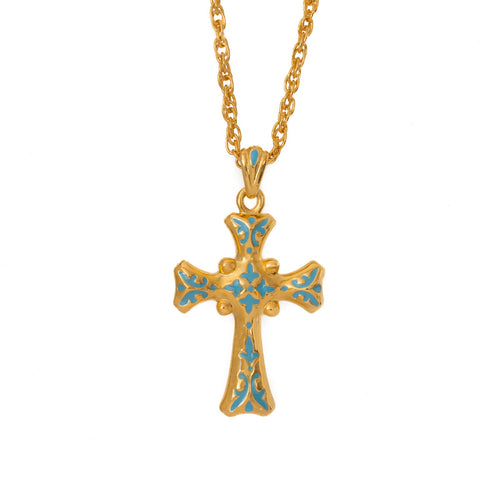 Agape - Cilicia Large Cross Necklace in Gold Plate and Turquoise Enamelwork.