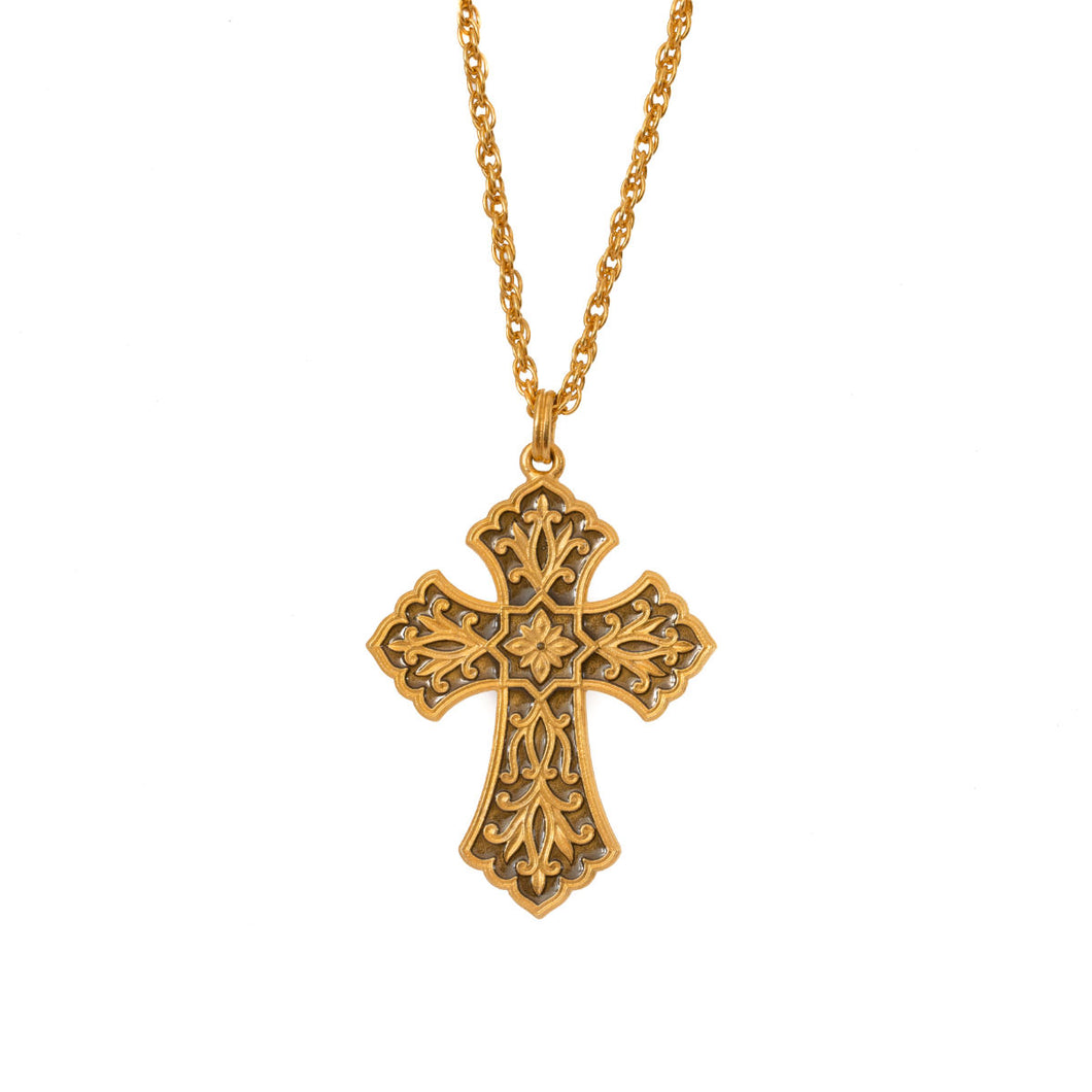 Agape - Bell Tower Cross Long Necklace. 24K Gold Plate and Hand Enameled.