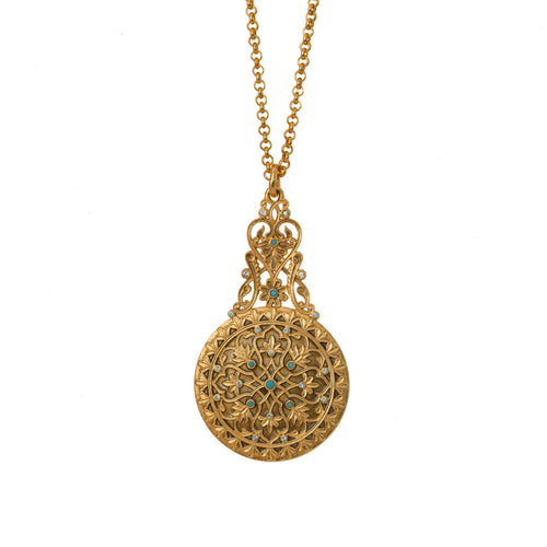 Agape - Mirror Medallion Long Necklace. Gold Plate and hand Enameled with Bohemian Crystal Accents.