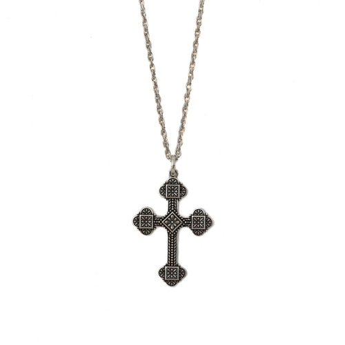Agape - Blessed Virgins Medium Cross Necklace in Silver Plate with Oxidization.