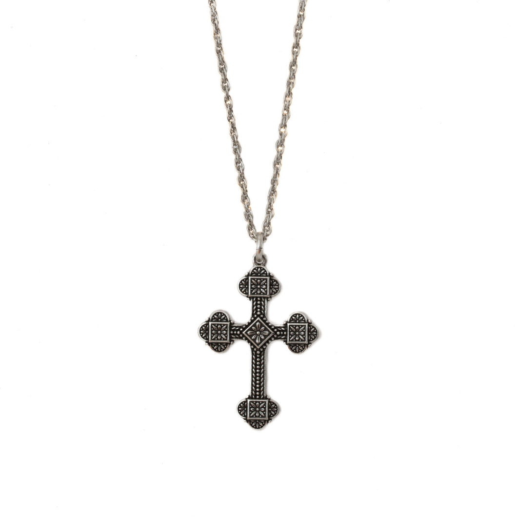 Agape - Blessed Virgins Medium Cross Necklace in Silver Plate with Oxidization.