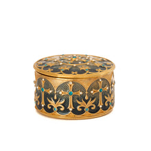 Load image into Gallery viewer, Agape - Holy Cross Keepsake Box with inscription:&quot;And all things you ask in prayer, believing, you shall receive.&quot; Matthew 21:22 in Armenian. Gold plate, enameled in translucent teal color and accented with Bohemian crystals in colors.
