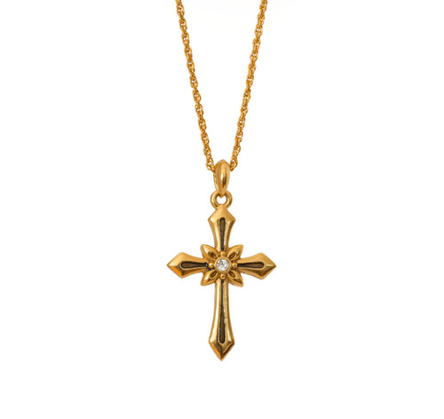 Agape - Satenik Cross Short Necklace, Gold Plate. Front -Bohemian Crystal With Gray Enamel, Back-Turquoise Enamel.
