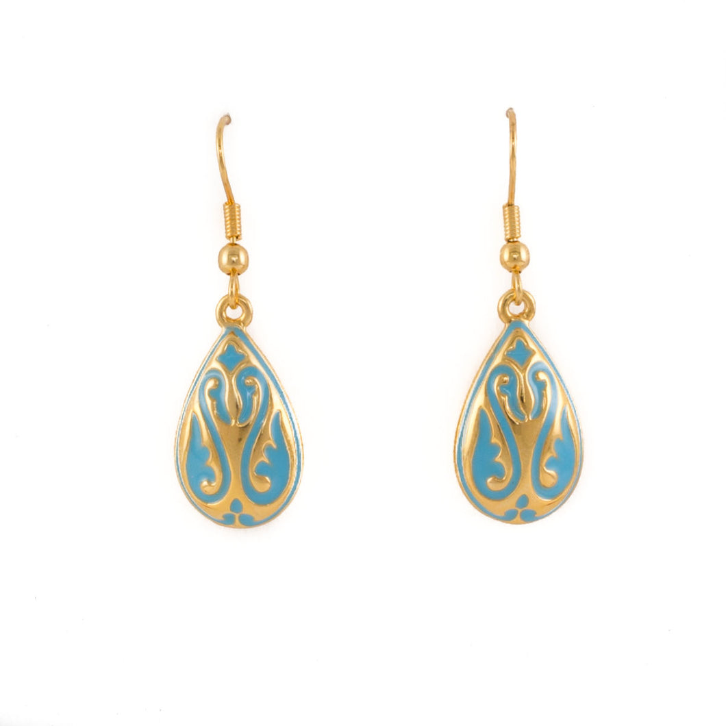 Cilicia - Teardrop French Wire Earrings in Gold Plate and Turquoise Enamel.