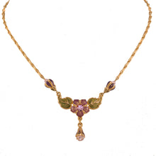 Load image into Gallery viewer, Primavera - Small Collar Drop Necklace  in Gold Plate and Translucent Enamel in Mauve, Aubergine and Pistachio Green accented with Bohemian Crystal Stones and Beads in Light Rose.
