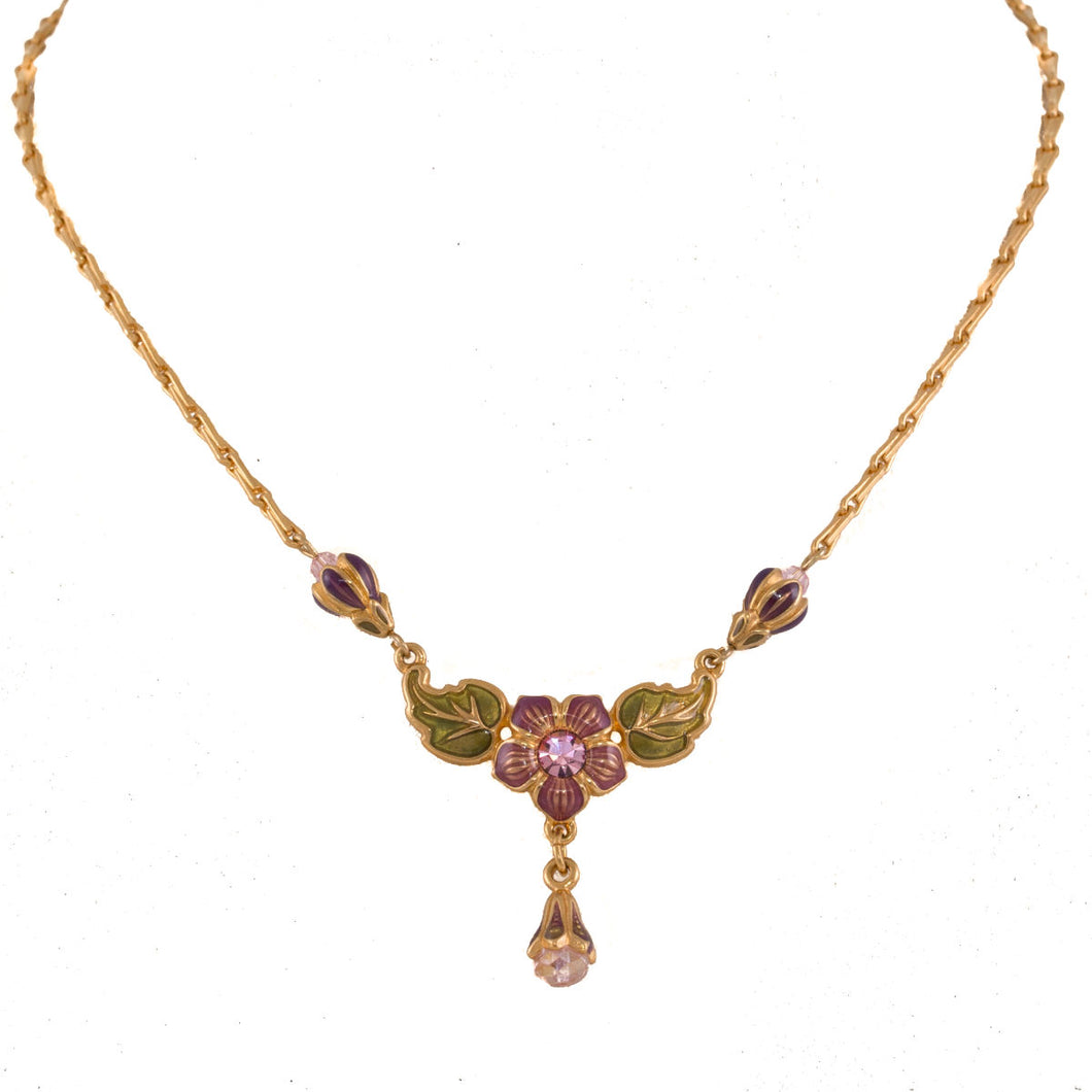 Primavera - Small Collar Drop Necklace  in Gold Plate and Translucent Enamel in Mauve, Aubergine and Pistachio Green accented with Bohemian Crystal Stones and Beads in Light Rose.