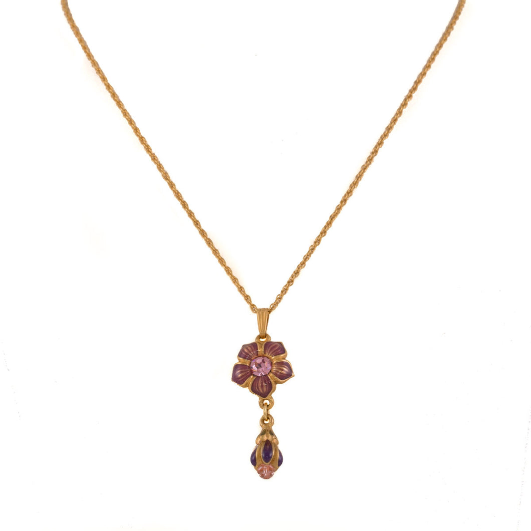 Primavera - Drop Necklace  in Gold Plate and Hand Enameled in  Mauve and Aubergine , Accented with Bohemian Crystal and Bead in Light Rose.