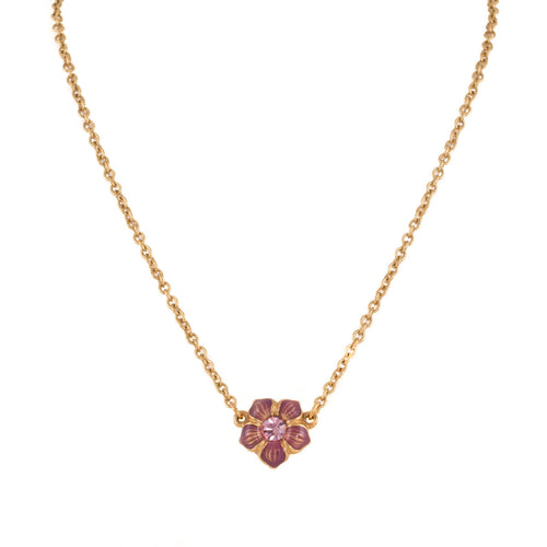 Primavera - Short Necklace in Gold Plate and Translucent Enamel in Mauve, Accented with Crystal in Light Rose.