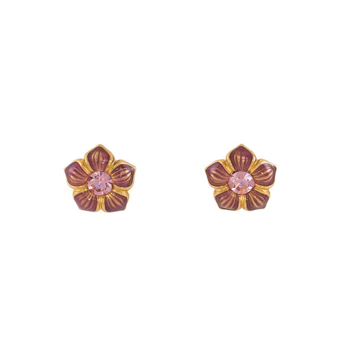 Primavera - Stud Earrings in Gold Plate and Mauve Translucent Enamel, Accented with Bohemian Crystals in Light Rose.