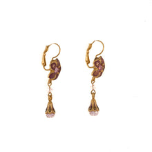 Load image into Gallery viewer, Primavera - Drop Lever Back Earrings in Gold and Enamel in Mauve and Aubergine, Accented with Bohemian Crystal Stone s and Beads in Light Rose.
