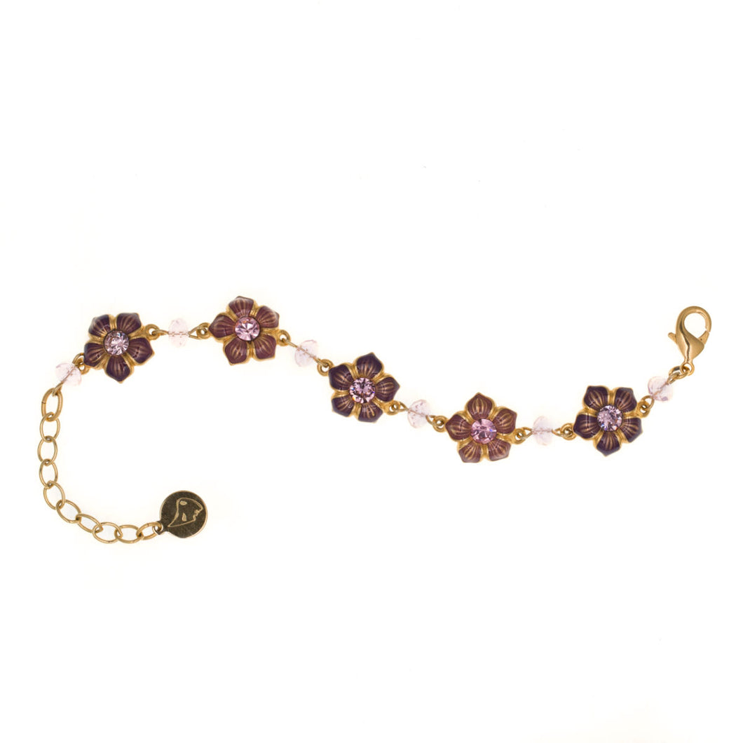 Primavera - Link Bracelet in Gold Plate and Translucent Enamel in Mauve and Aubergine, Accented with Bohemian Crystals in Lt Rose and Lt Amethyst.