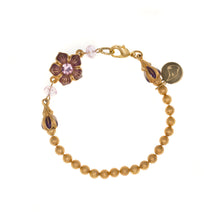 Load image into Gallery viewer, Primavera - Floral Beaded Bracelet  in Gold Plate and Enamel in Mauve and Aubergine Colors Accented with Bohemian Crystal Stone and Beads in Light Rose.
