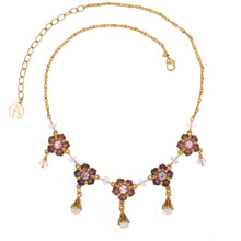 Load image into Gallery viewer, Primavera - Collar Multi Drop Necklace in Gold Plate and Enamel in Mauve and Aubergine Accented With Bohemian Crystals and Beads in Light Rose. Adjustable Length 16.5&quot; to 19.5&quot;.
