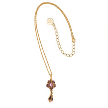 Load image into Gallery viewer,  Primavera - Drop Necklace in Gold Plate and Hand Enameled in Mauve and Aubergine , Accented with Bohemian Crystal and Bead in Light Rose. Length 16&quot; Plus 3&quot; Adjustable Chain.
