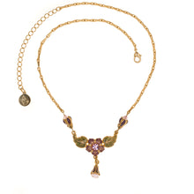 Load image into Gallery viewer, Primavera - Small Collar Drop Necklace in Gold Plate and Translucent Enamel in Mauve, Aubergine and Pistachio Green accented with Bohemian Crystal Stones and Beads in Light Rose. Adjustable Length 15.5&quot; to 18.5&quot;.
