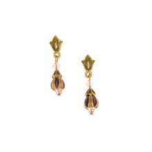 Load image into Gallery viewer, Primavera - Post Drop Earrings in Gold Plate and Aubergine and Pistachio Green Enamel, Accented with Bohemian Crystal Beads in Light Rose.
