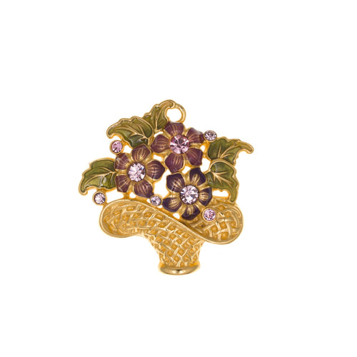 Primavera - Basket of Flowers Pin in Gold and Translucent Enamel in Mauve, Aubergine and Pistachio Green, Accented with Bohemian Crystals in Light Rose and Light Amethyst. 