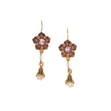 Load image into Gallery viewer, Primavera - Drop Lever Back Earrings  in Gold and Enamel in Mauve and Aubergine, Accented with Bohemian Crystal Stone s and Beads in Light Rose.
