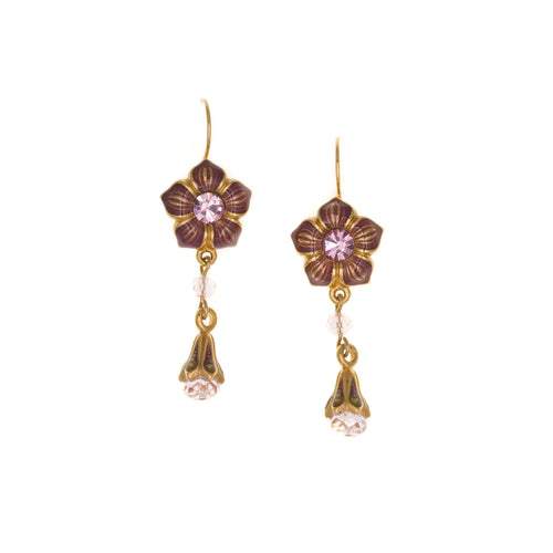 Primavera - Drop Lever Back Earrings  in Gold and Enamel in Mauve and Aubergine, Accented with Bohemian Crystal Stone s and Beads in Light Rose.