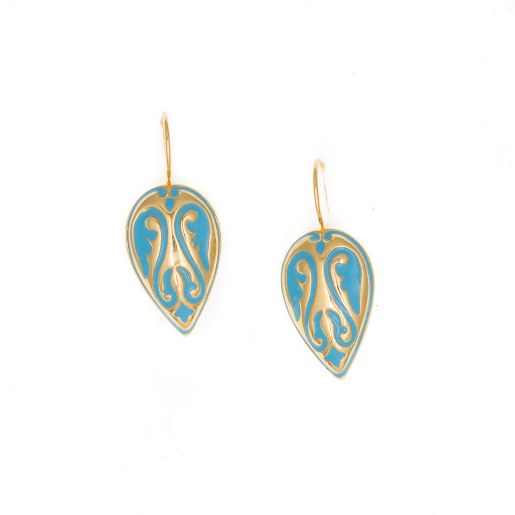 Cilicia - Lever Back Drop Earrings are delicate style with dome medallion, hand painted in turquoise enamel.  