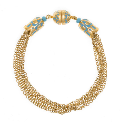 Cilicia - Multi Chain Bracelet with Magnetic Closure in Gold Plate and Turquoise Enamel.