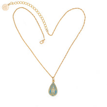 Load image into Gallery viewer, Cilicia - Teardrop Pendant Short Necklace in gold Plate and Turquoise Enamel. Adjustable Length 16&quot; to 19&quot;.
