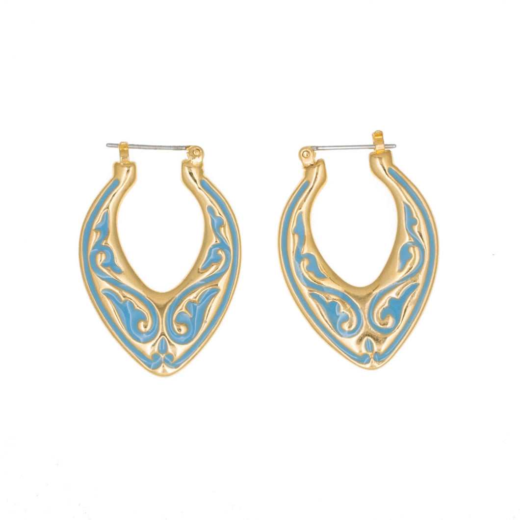 Cilicia - Flat Hoop Post Earrings are double sided, hand painted in turquoise enamel. 