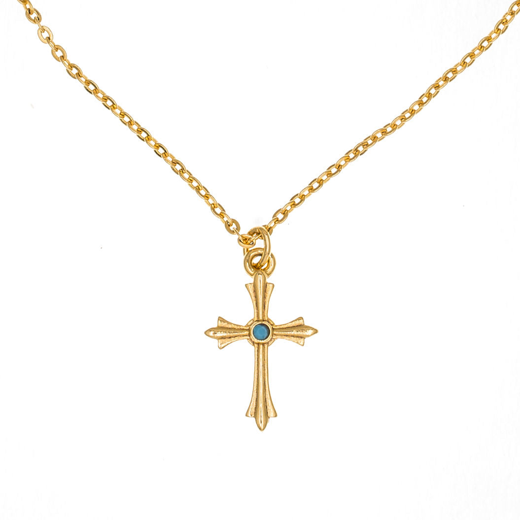 Agape - St. Gayane Small Short Gold Plate Necklace with Bohemian Crystal in Opaque Turquoise.