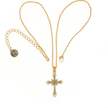 Load image into Gallery viewer, Agape - Satenik Cross Short Necklace, Gold Plate. Front -Bohemian Crystal With Gray Enamel, Back-Turquoise Enamel.
