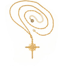 Load image into Gallery viewer, Agape - Queen Tamar Mlke Cross Necklace. 24K Gold Plate , Hand Enameled, Accented with Bohemian Colored Crystals. Adjustable Length 30&quot; to 33&quot;. The Back Side is Finished With Fine Engraving.
