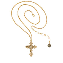 Load image into Gallery viewer, Agape - Queen Parandzem Medium Cross Necklace in Gold Plate Adorned With Bohemian Crystals in Greige Palette. Adjustable Length 24&quot; to 27&quot;. Back Side is Finished With Fine Engraving.
