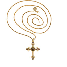Load image into Gallery viewer, gape - St. Shoushan Cross Necklace in 24K gold plate and Bohemian Chrystals in Smoked Topaz and Golden Shadow Colors. Length 36&quot;.
