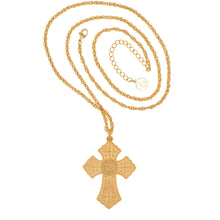 Load image into Gallery viewer, Agape - Bell Tower Cross Long Necklace. 24K Gold Plate and Hand Enameled. Adjustable Length 30&quot;to33&quot;. The Back Side is Finished With Ornate Design.
