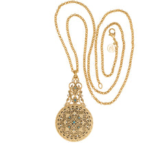 Load image into Gallery viewer, Agape - Mirror Medallion Long Necklace. Gold Plate and hand Enameled with Bohemian Crystal Accents. Length 36&quot;.
