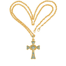 Load image into Gallery viewer, Agape - Cilicia Large Cross Necklace in Gold Plate and Turquoise Enamelwork. Length 32&quot;.
