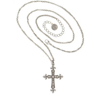 Load image into Gallery viewer, Silver plate and oxidized, 24&quot; cross necklace with Bohemian Crystal pave in Greige. Adjustable Length 24&quot; to 27&quot;.
