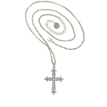 Load image into Gallery viewer, Silver plate and oxidized, 24&quot; cross necklace with Bohemian Crystal pave in Greige. Adjustable Length 24&quot; to 27&quot;. Back Side.
