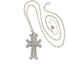 Load image into Gallery viewer, Agape - Keepsake Oversized Cross Long Necklace. Silver Plate and Oxidized. Adjustable Length 32&quot; to 35&quot;. Back Side - Fine Etching.
