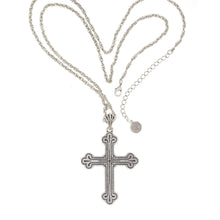 Load image into Gallery viewer, Agape - Unity Large Cross Necklace. Oxidized Silver Plate.Back Side is Finished  with Fine Etching. Length 30&quot; to 33&quot; .
