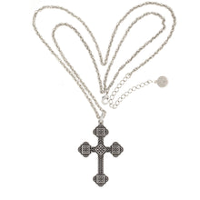 Load image into Gallery viewer, Agape - Blessed Virgins Medium Cross Necklace in Silver Plate with Oxidization. Adjustable Length 30&quot; to 33&quot;.
