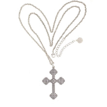Load image into Gallery viewer, Agape - Blessed Virgins Medium Cross Necklace in Silver Plate with Oxidization. Back Side Has Fine Etching.
