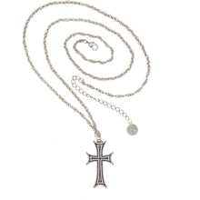 Load image into Gallery viewer, Agape - St. Parthenius Medium Cross Necklace in Oxidized Silver Finish. Adjustable Length 30&quot; to 33&#39;&quot;. Back Side is Etched.
