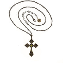 Load image into Gallery viewer, Agape - St. Thaddeus cross Necklace. Burnt brass with Swarovski crystal in Olivine color. Adjustable Length 24&quot; to 27&quot;
